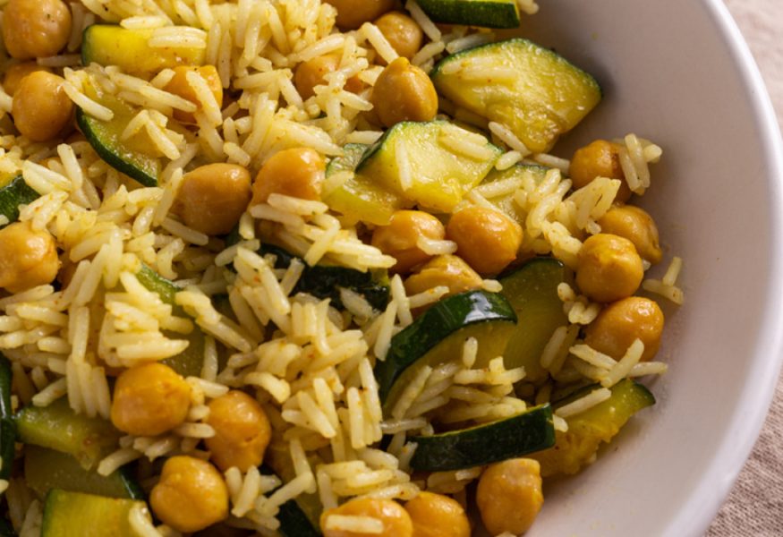 Brown rice, chickpea, pesto and feta cheese salad