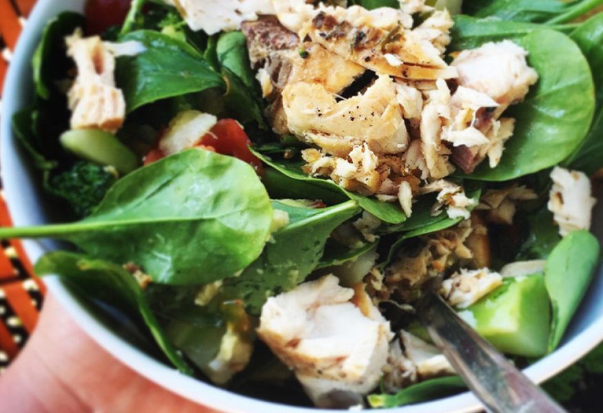 Steamed vegetable, mackerel, marinated fruit and potato salad