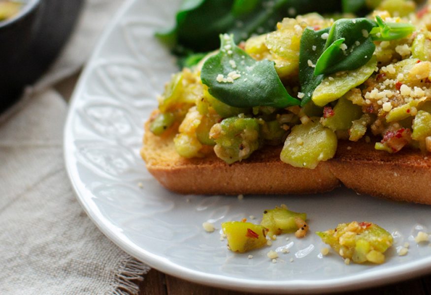 Broad bean and sheep milk cheese bruschetta
