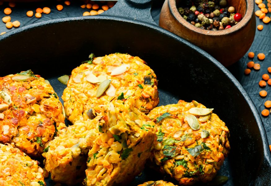 Red lentil, potato and coriander crochettes