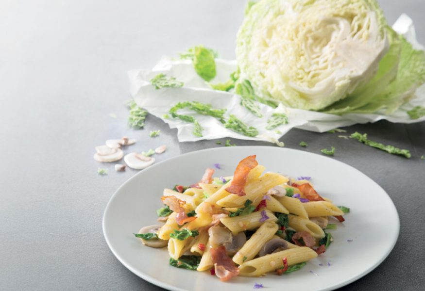 Penne con verza, funghi e speck
