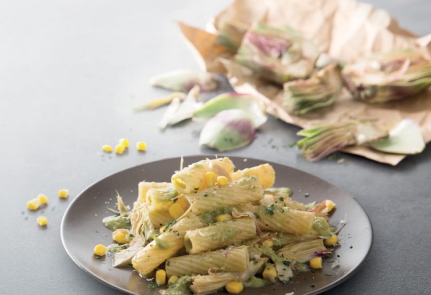 Tortiglioni ai carciofi e mais dolce