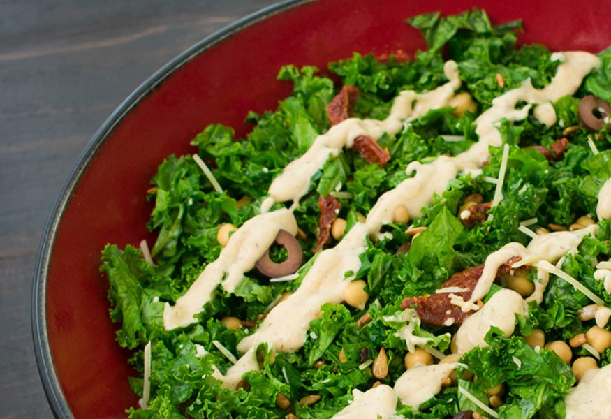 Verze con olive verdi e salsa tahini